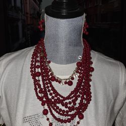 Multi Strand Beaded Necklace Multi Layered Beads Necklace Red Chunky Necklace