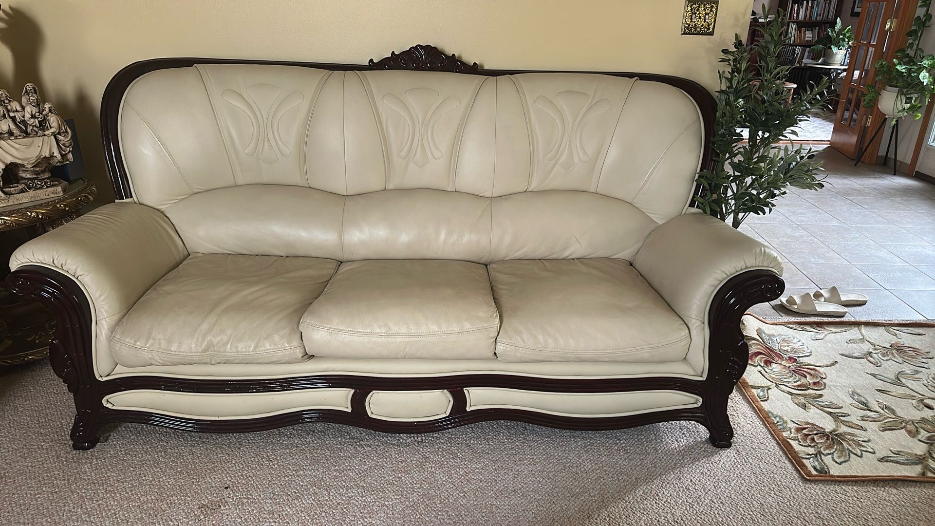Cream Leather Chair And Couch With Cherry Read Wood Frame