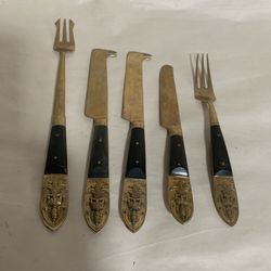 Vintage SIAM Buddha 5pc Thai Flatware Set Brass Bronze Black Wood Handles Knife