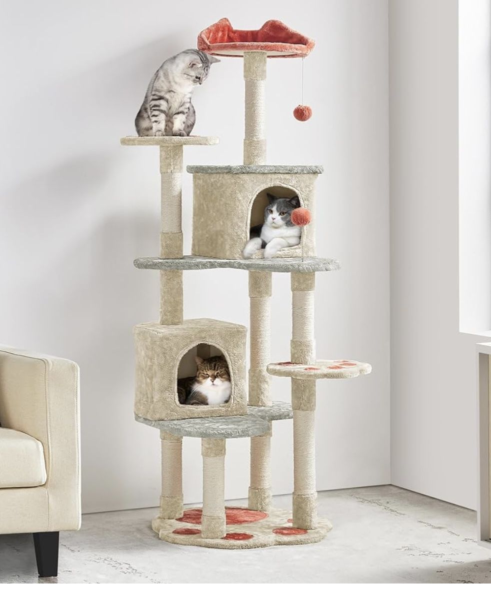 65in Cute Cat Tree, Cat Paw-Shaped Play Tower with Heart-Shaped Platform, Spring Ball & Hanging Ball, Double Condos, Scratching Posts, Cat Climbing Fr