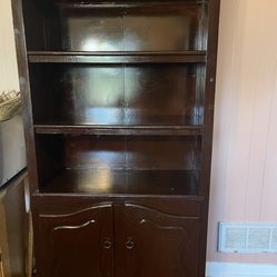 Five Shelf All Wood Cabinet, Three Upper Shelves And Two Behind Closed Door Cabinet