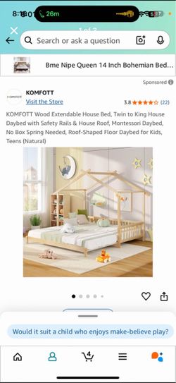 KOMFOTT Wood House Bed Frame with Roof