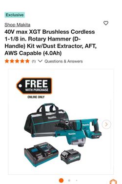 Shop Makita 40V max XGT Brushless Cordless 1-1/8 in. Rotary Hammer (D-Handle) Kit w/Dust Extractor, AFT, AWS Capable (4.0Ah)