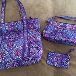 Woman’s Gift Three Piece Vera Bradley Purple Purse Set With Shoulder Bag, Small Purse And Wallet. 