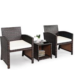 3-Piece Wicker Patio Conversation Set with White Cushions Sofa Coffee Table