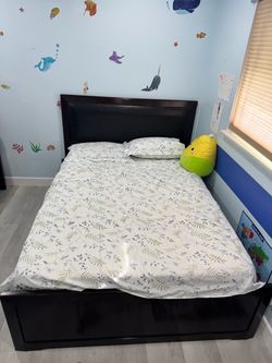 Dark Wood full size Bed Frame with Upholstered Headboard
