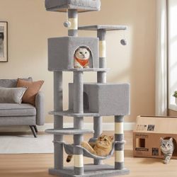Cat Tree, 61-Inch Cat Tower for Indoor Cats, Plush Multi-Level Cat Condo with 5 Scratching Posts, 2 Perches, 2 Caves, Hammock, 2 Pompoms, Light Gray U