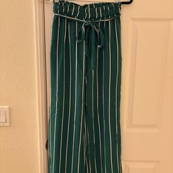 Green And White Strips Wide-leg Trousers