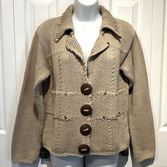 PURE Handknit Cotton Button Up Tan Cardigan Sweater Size S/M