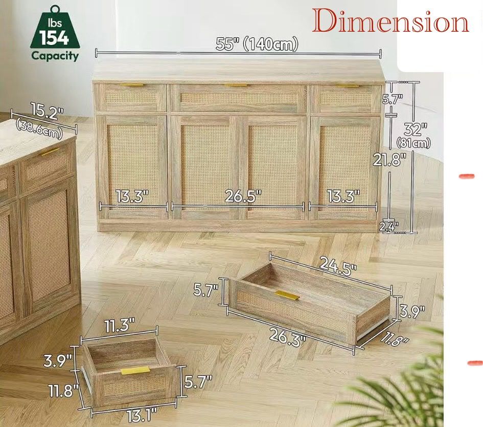 😀 55" Rattan Sideboard Buffet Cabinet with Storage, 4 Doors Credenza with Drawers, Console Cabinet for Living Room, Buffet Table