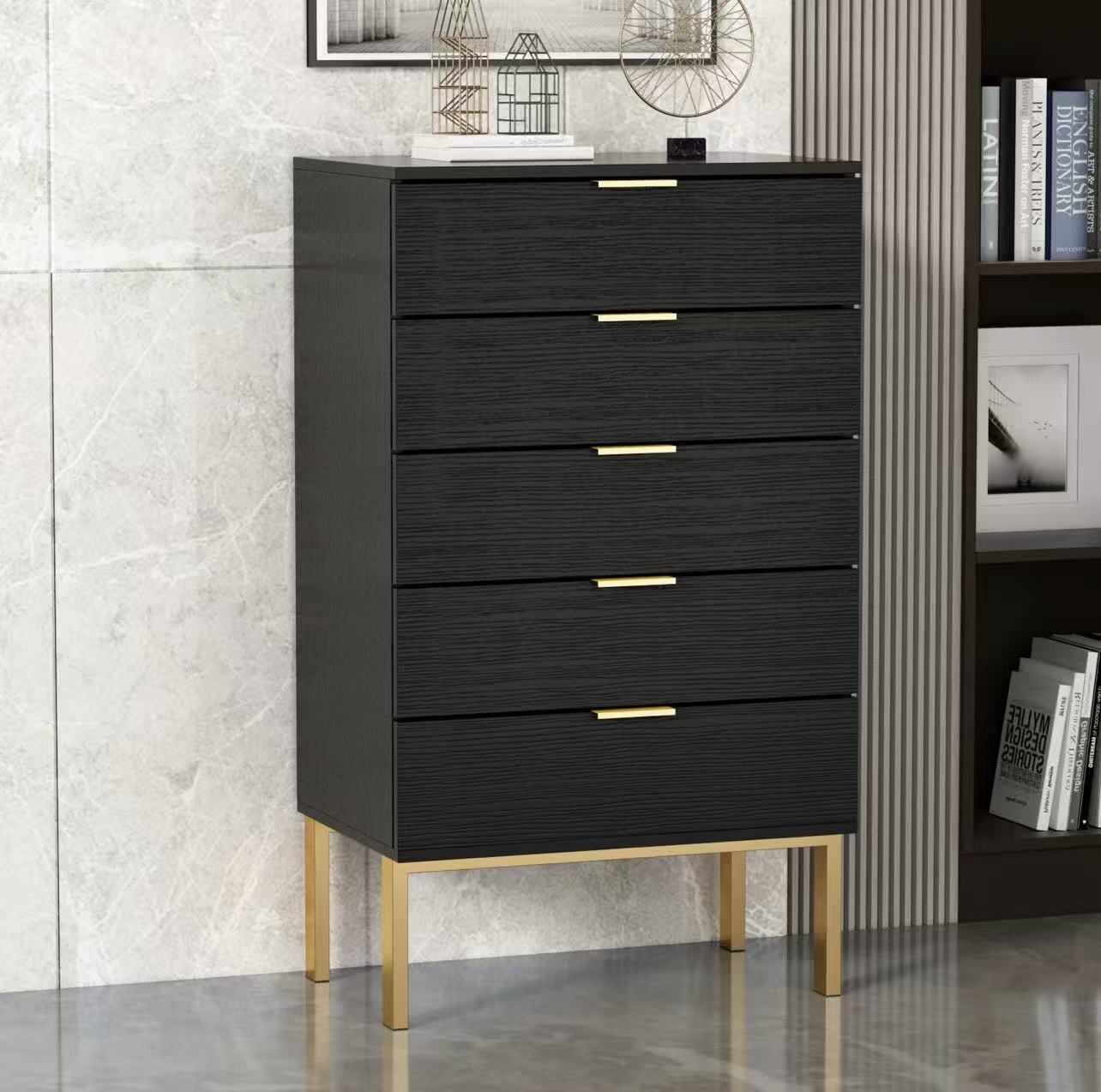 ✌️ 5 Drawer Dresser 23.6"Wx15.7"Dx41.1"H, Chest of Drawers with Gold Metal Legs, Wood Dresser Storage Chest Drawers for Bedroom, Living Room, Black