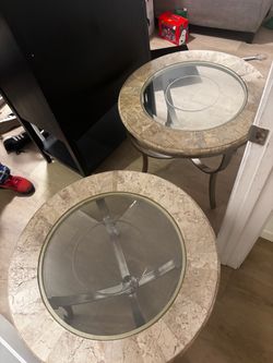 Round Stone and Glass Top Side Tables Set of 2