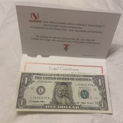 Santa Clause Legal Tender One Dollar Bill, 1993 Safeway Promo Folder and Envelope