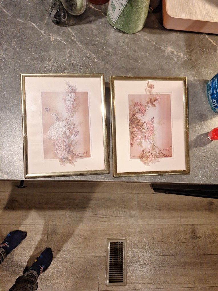 Pair of J. Cheng Floral Prints in Gold Frames – Vintage & Modern Appeal