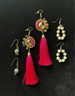 Boho Artisan Earrings Lot - 3 Pairs (Tassel, Wood, Stone)