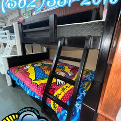 Double Bunk Bed Black Twin XL Over Queen With Mattresses Litera Con Colchones 
