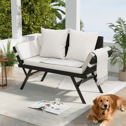 Convertible Outdoor Couch Sofa, Wove Rattan Patio Daybed with Adjstable Armrests,Beige