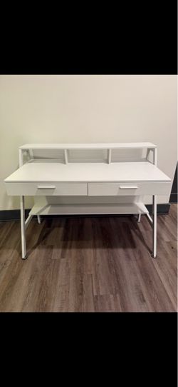 Modern White Computer Desk with Hutch & Storage - Like New