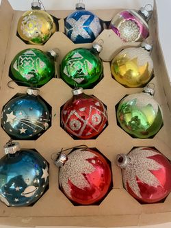 Vintage Glass Glitter Ornaments. 7-Shiny Brite,  4- Made In USA, 1- Unmarked