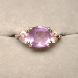 Beautiful Amethyst Two Morganite Hearts And Diamonds Ring 
