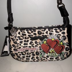 NWT Ed Hardy Convertible Wristlet Shoulder Animal Print Triple Hearts Design