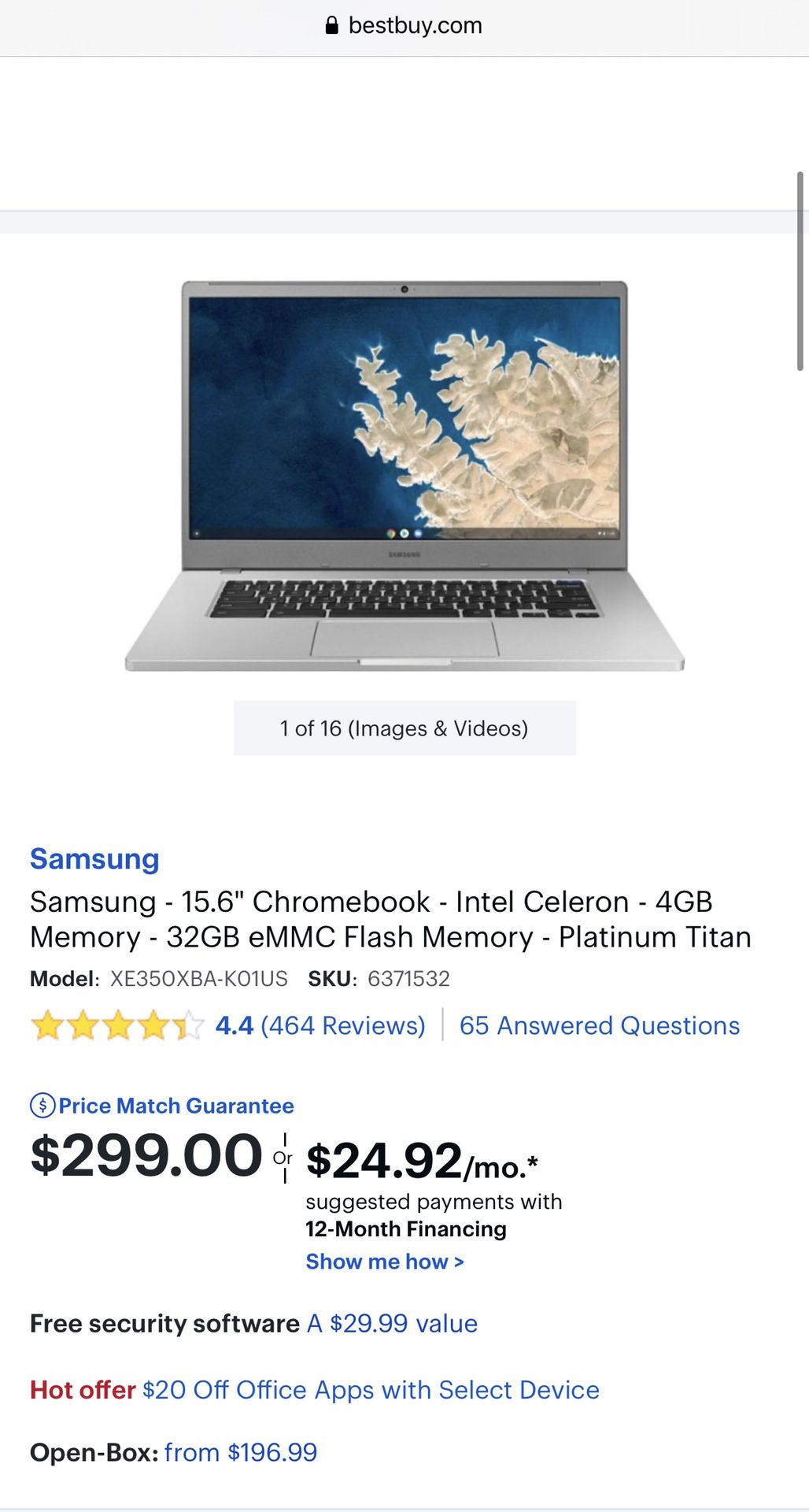Samsung Chromebook 15.6 inch 32GB Platinum Titan