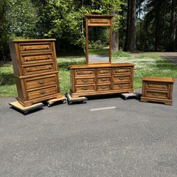 Vintage Bedroom Set With Dresser, Mirror, Chest Of Drawers & Nightstand 