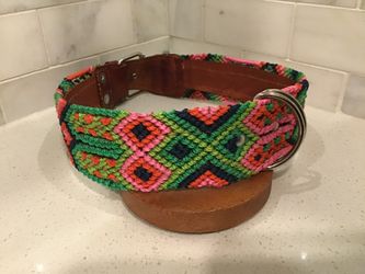 Handmade Dog Collar – 23.5” XL – Bright Green & Pink Diamond Pattern