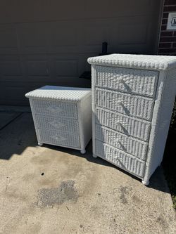 PRISTINE SOLID WOOD 5-DRAWER  & (1) 3-DRAWER WICKER NIGHTSTAND 