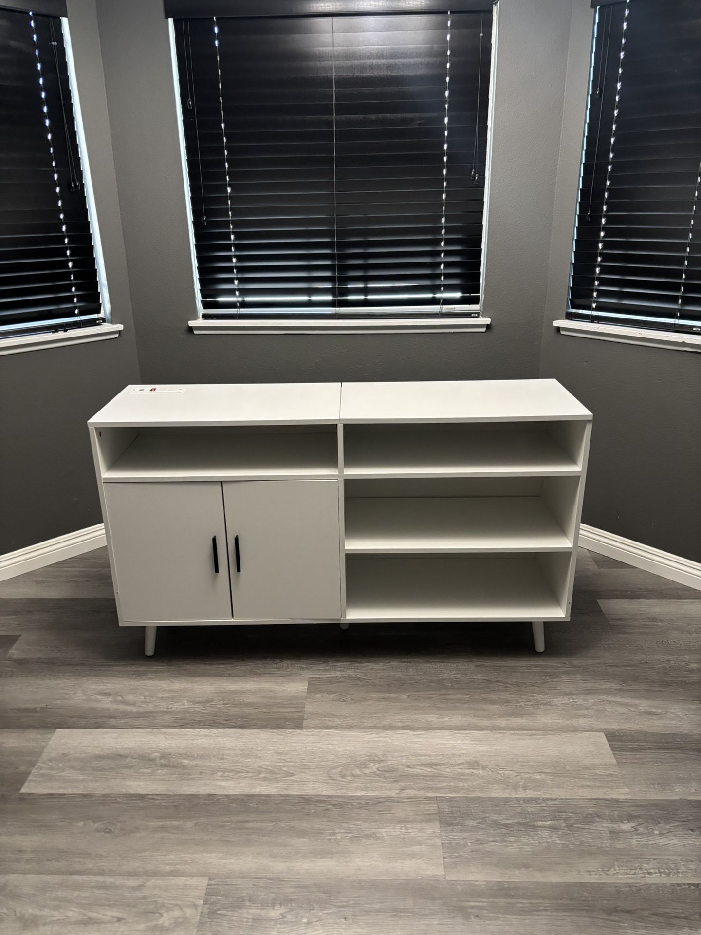 White Media/Record Player Storage With Outlet Plugs