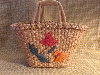 Vintage 1960s Woven Straw Tote Bag 3D Embroidered Raffia Floral Mid-Century Beach Basket