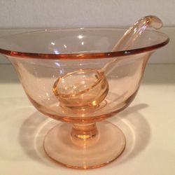 Mid Century Peach Depression Mayonnaise Bowl & Glass Ladle