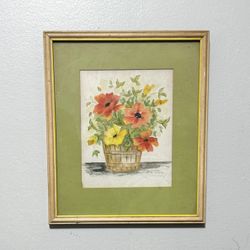 Vintage Anita Nicholls Flower Basket Watercolor Painting Framed Art