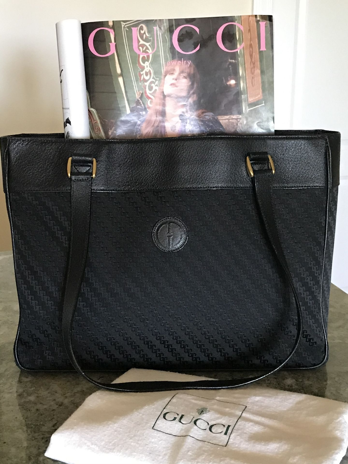 Genuine GUCCI GG Canvas Leather Black Tote Bag Purse