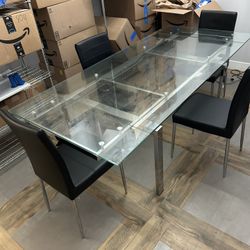 Large Glass Kitchen Table W 4 Black Leather Chairs 