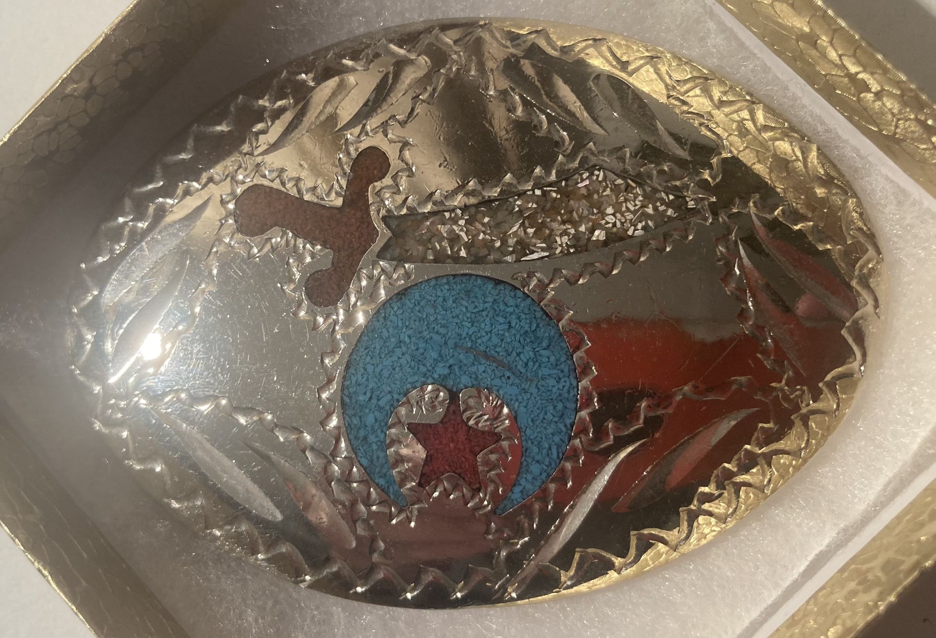 Vintage Belt Buckle Silver With Blue And red Turquoise Masons Masonic