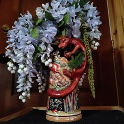 Vintage Floral Arrangement In German XXLG "Hunter's Friend" Stein,  NEW Faux Fake Flowers 