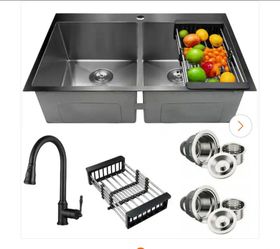 All-in-One Gunmetal Matte Black Finish Stainless Steel 33 in. Double Bowl Drop-In Kitchen Sink with Pull-down Faucet