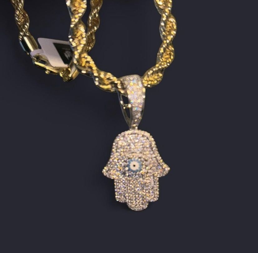 VVS1 Moissanite "Evil Eye" Hamsa hand pendant & 14K gf "6mm rope chain.
