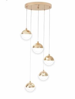 0775: (KS) NEW Gold Crystal Pendant Lights 5000k Daylight White, 5-Light Led Modern Brushed Brass Light Fixtures Ceiling Hanging, Glass Globes Pendant