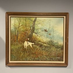 Vintage oil painting by L Eiford of a gun dog & pheasants hunting