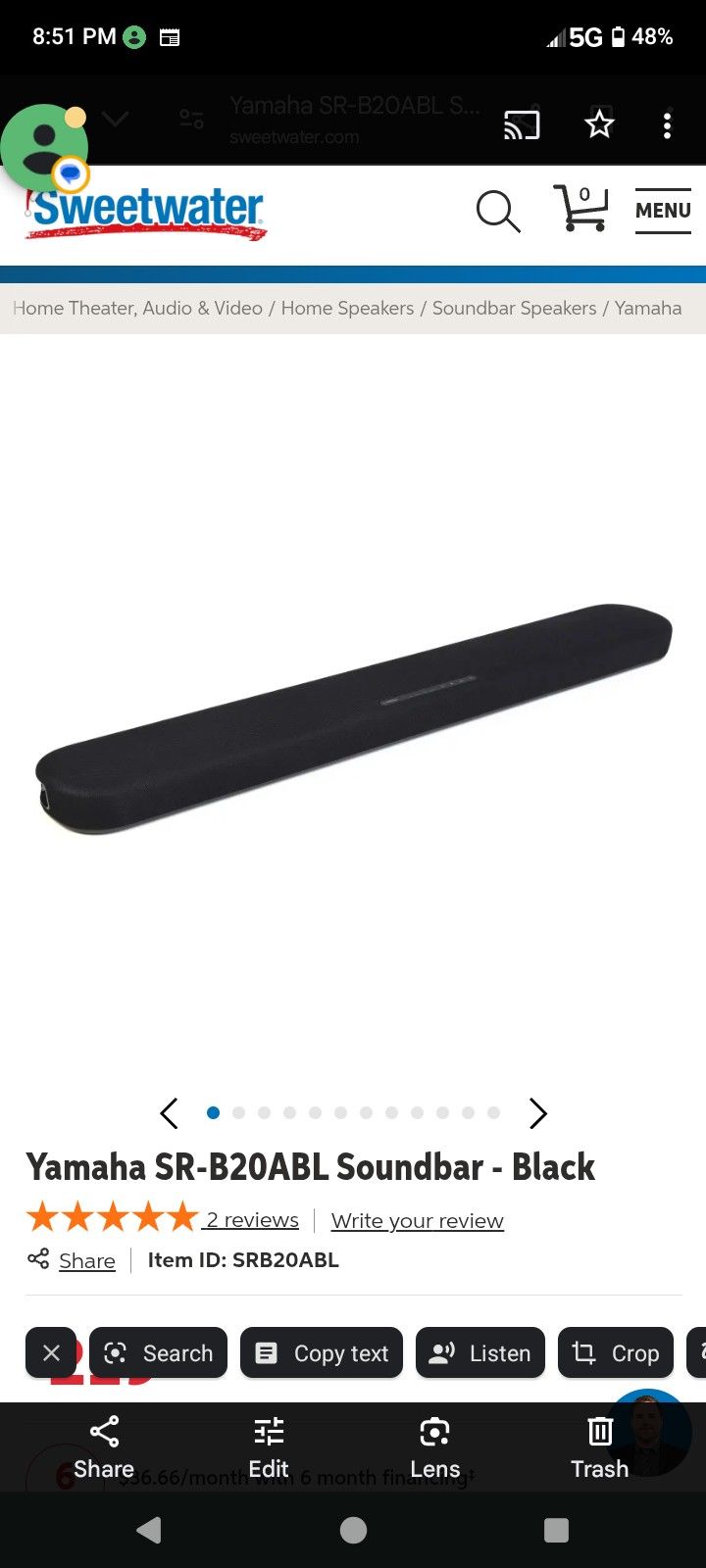 Yamaha SR-B20A Sound Bar with Dual Built-In Subwoofers - Black SKU