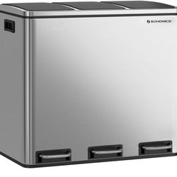 New SONGMICS Garbage Can, 3 x 4.8 Gallon (3 x 18 L) Trash Can, Recycle Bin with Soft-Close Lids, Pedals, and Inner Buckets for Kitchen, Stainless Stee