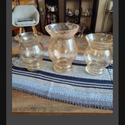 New Set Of 3 Amber Colored Glass Hurricane Candle Holders/Vases 