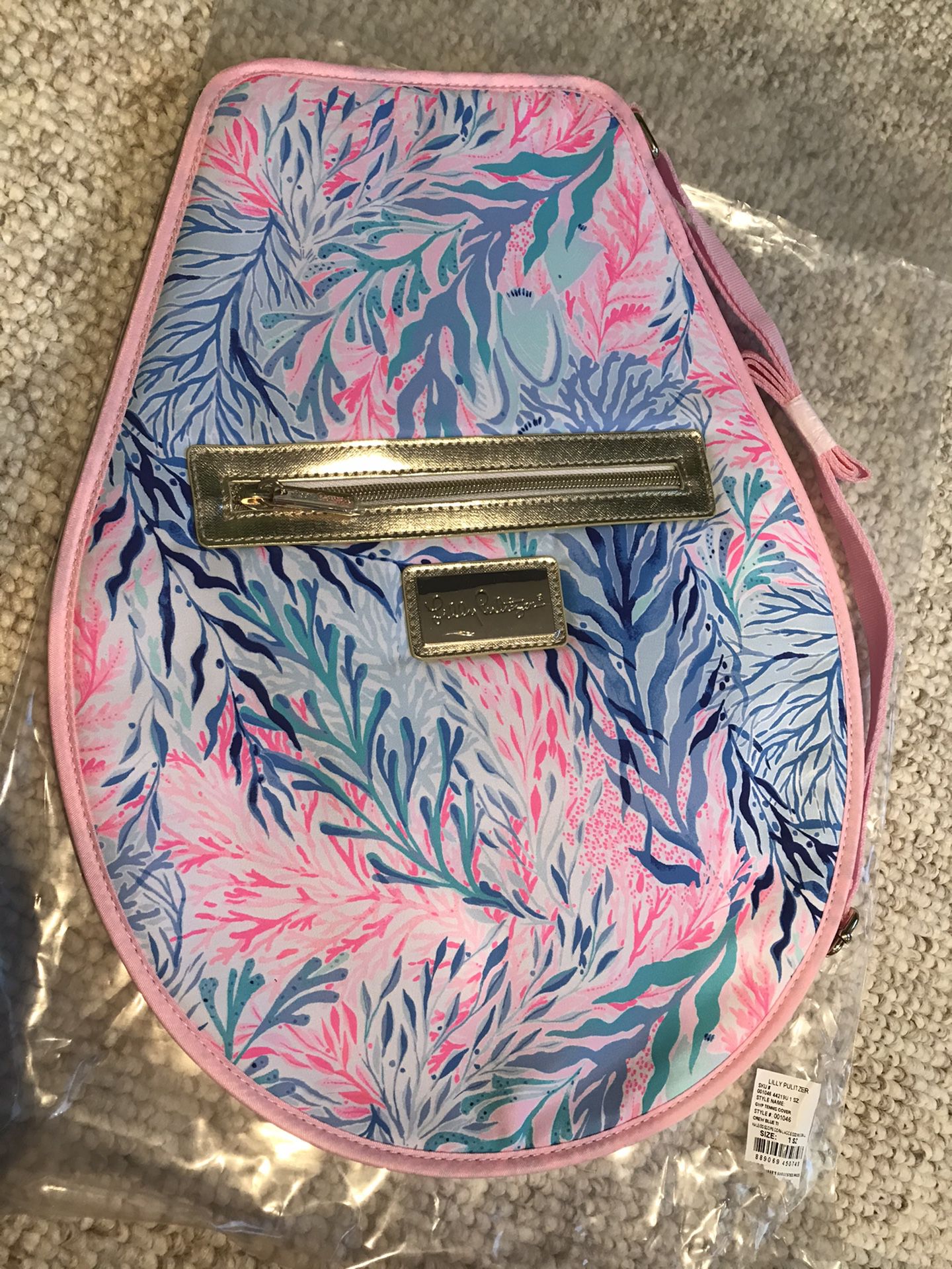 Lilly Pulitzer Tennis Racket Cover in “Crew Blue Tint Kaleidoscope Coral” Print