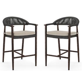 Set Of 2 Aluminum Outdoor Bar Stool with Removable Cushion, Boho Rattan BarStools, Olefin Rope Woven Bar Chairs with Footrest for Patio, Garden, Pool,