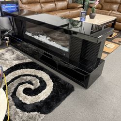 Black TV Stand & Fireplace With Bluetooth Speakers 