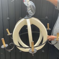 Round White Lacquer Chandelier With Iron Scroll Detail And Six Candleabra