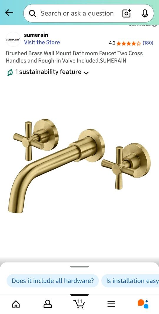 Brushed Brass Wall Mount Bathroom Faucet with Two Cross Handles and Built-in Valve Included. #72