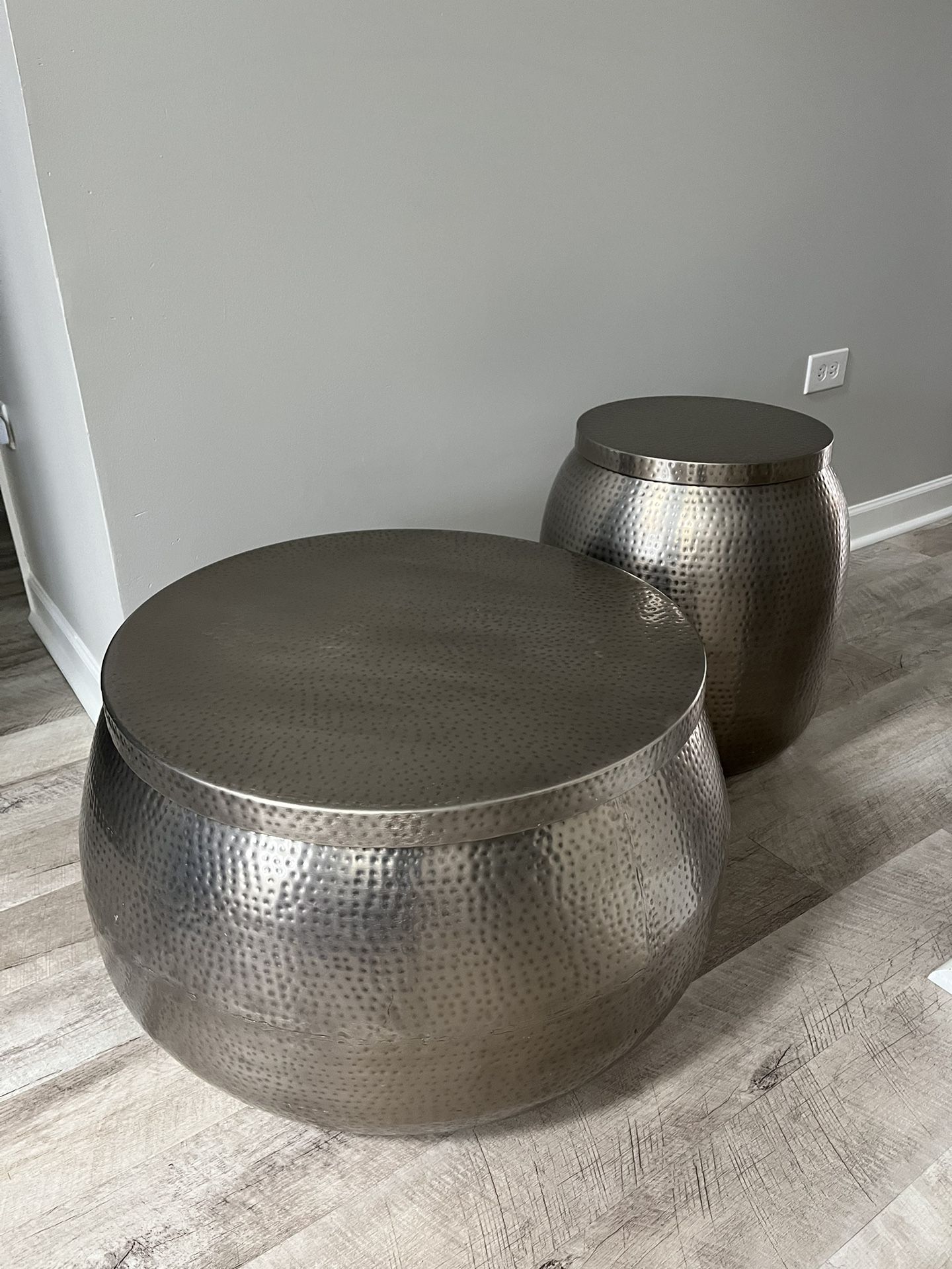Round Silver Hammered Metal Storage Coffee Table and Storage